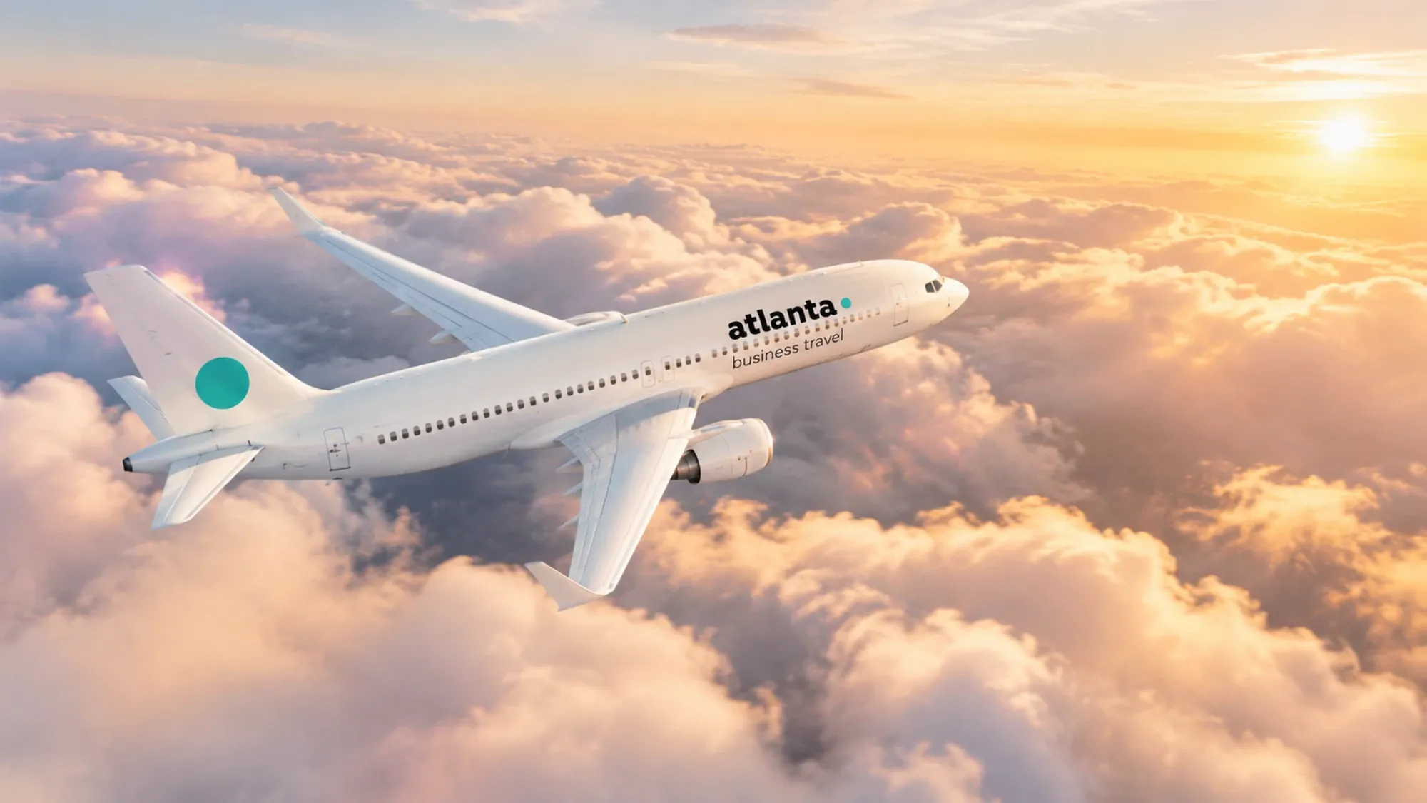 Самолёт Atlanta Business Travel над облаками на закате